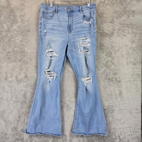 American Eagle Jeans Womens 16 Light Wash Distressed Flare Raw Hem Stretch Rips - Picture 1 of 12